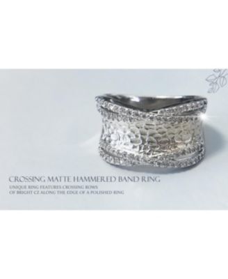 Modern Criss Cross CZ Accent Cocktail Statement Ring Brushed Matte Silver Tone Band