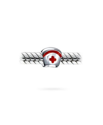 Set of 2 Nursing RN Caduceus Cross & Nurse Hat Charm Bead Sterling Silver