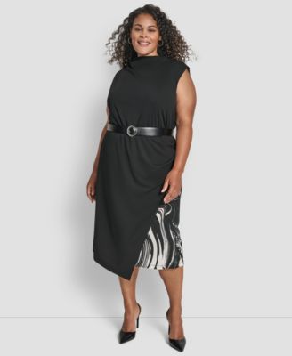 DKNY - Plus Size Sleeveless Funnel Neck Belted Midi Dress