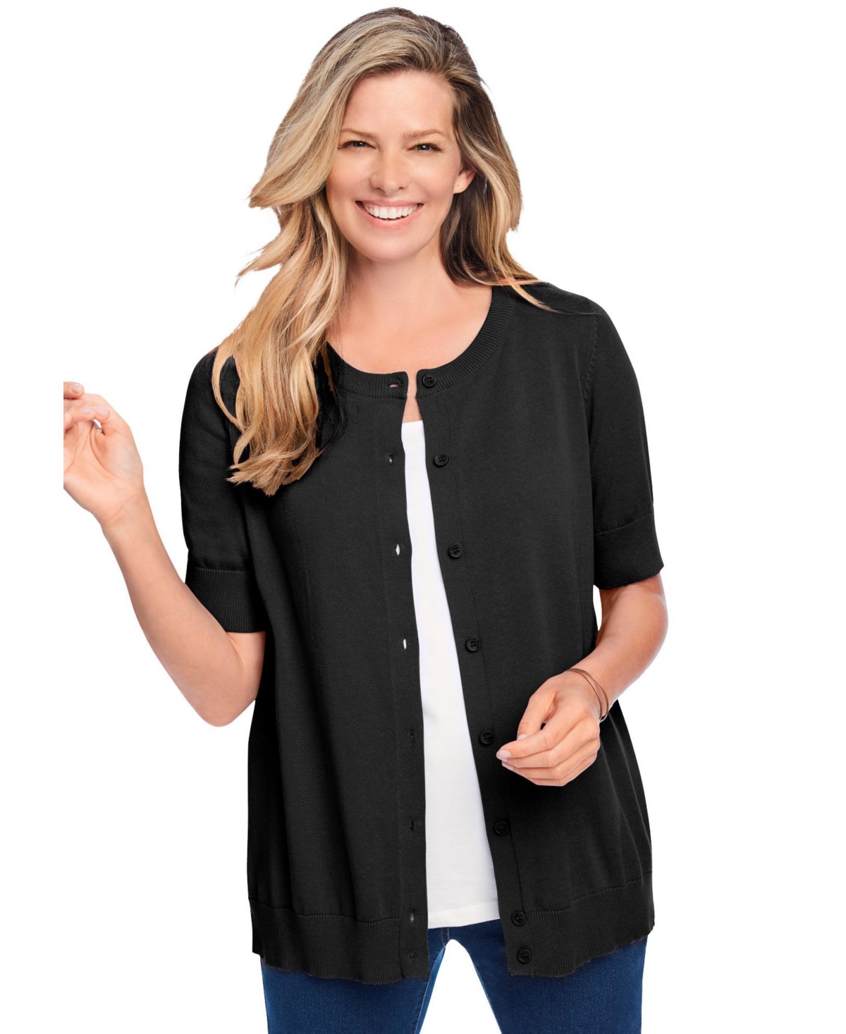 Woman Within Plus Perfect Elbow-Length Sleeve Cardigan