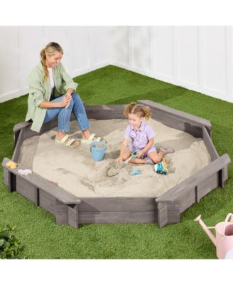 Kid's Octagonal Wooden Outdoor Sandbox w/ Benches, 8 Seats, Cover, XL Sandpit, Liner