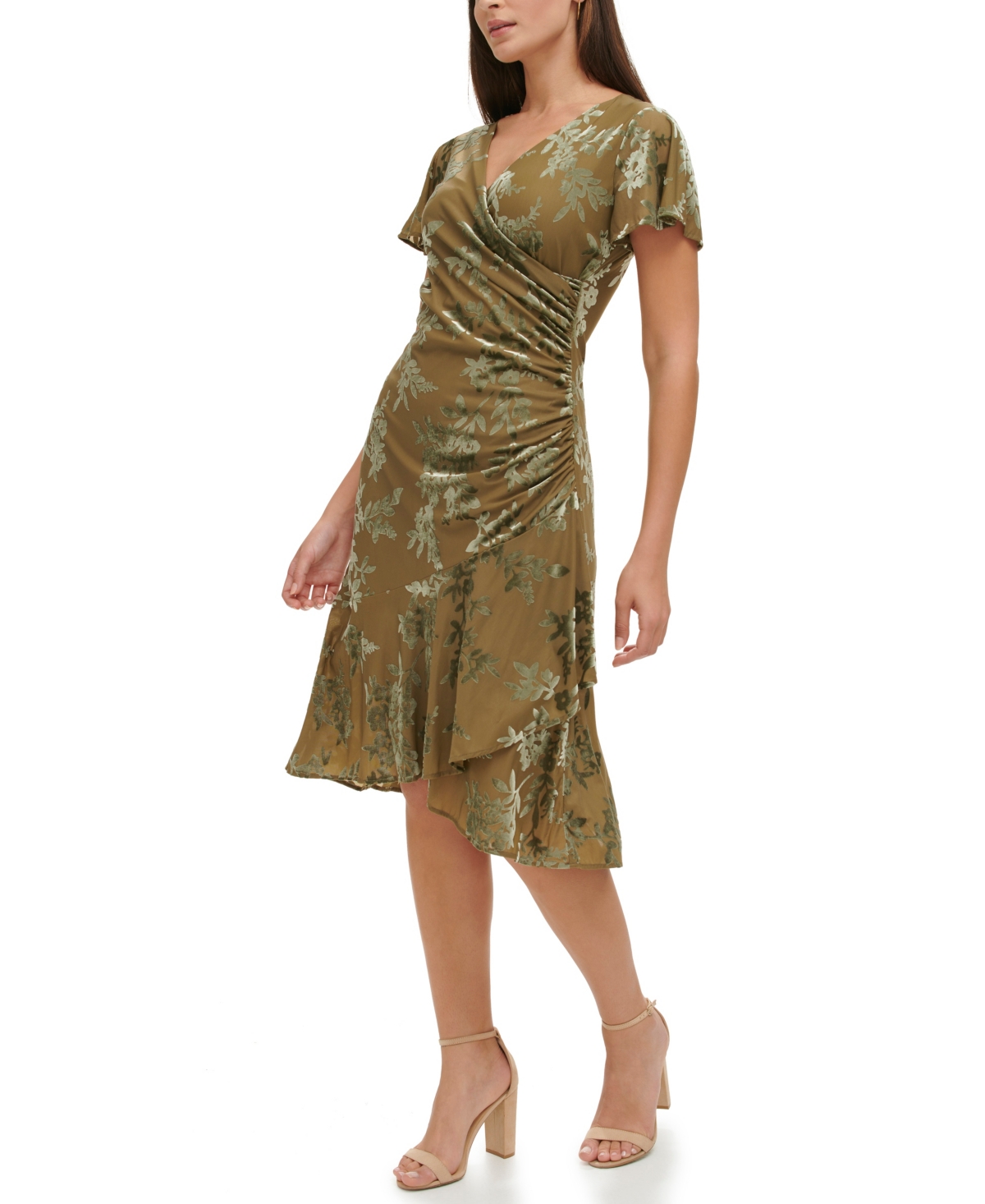 kensie Women's Velvet Burnout Short-Sleeve V-Neck Dress