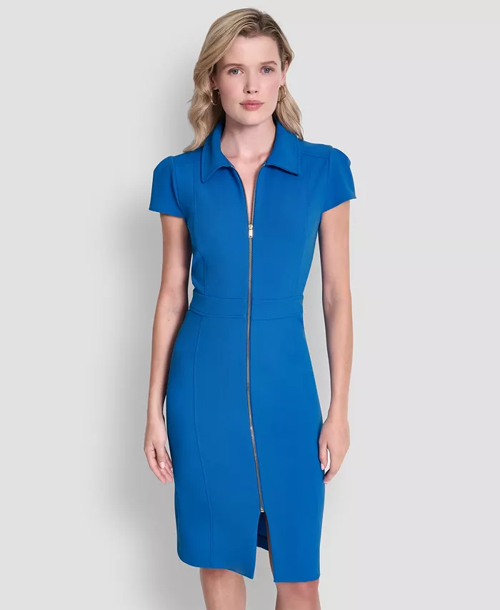 Women's Cap Sleeve Collared Neck Full Zip Midi Dress - thumbnail 2