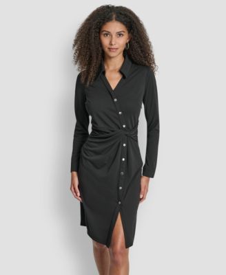 Women's Long Sleeve Asymmetrical Knot Button Front Sheath Dress