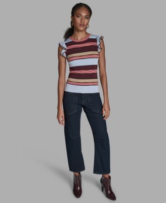 Women's Stripe Flutter-Sleeve Crewneck Sweater