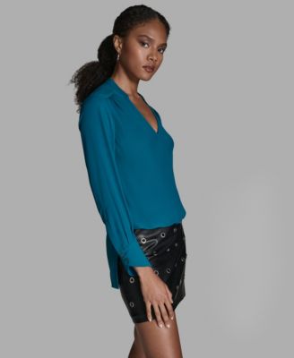 Women's Long-Sleeve Hi-Low Faux-Wrap Top