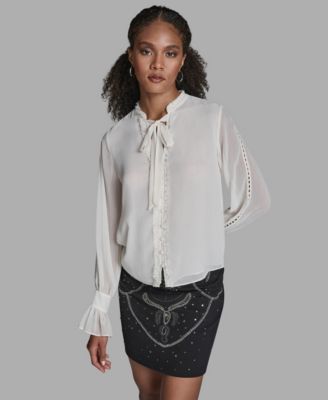 Women's Long-Sleeve Tie-Neck Ruffle Cuff Blouse