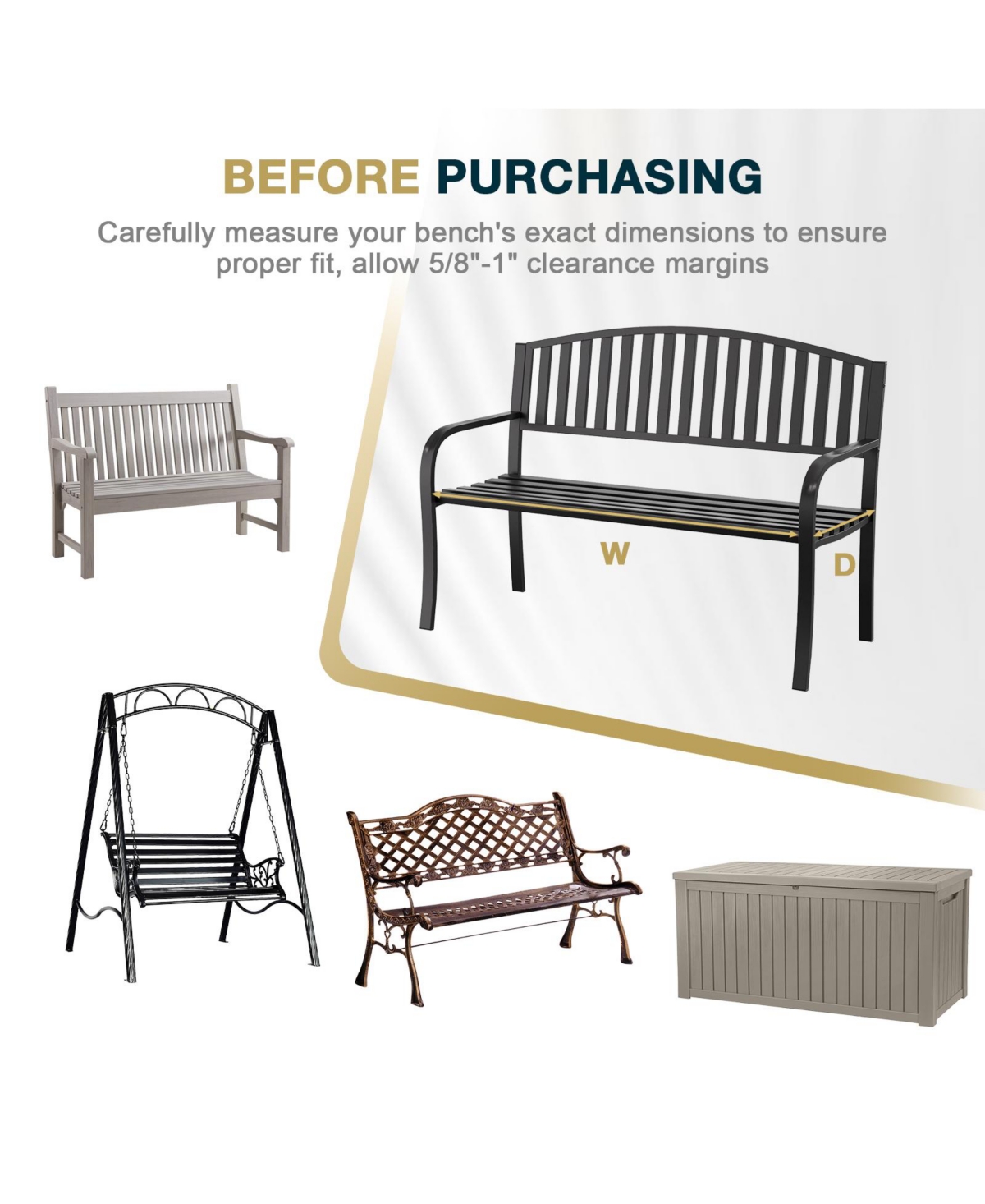 Aoodor Patio Bench Cushion Outdoor Olefin Fabric Slipcover Sponge Foam 46.5” x 17.7” 3” - Charcoal