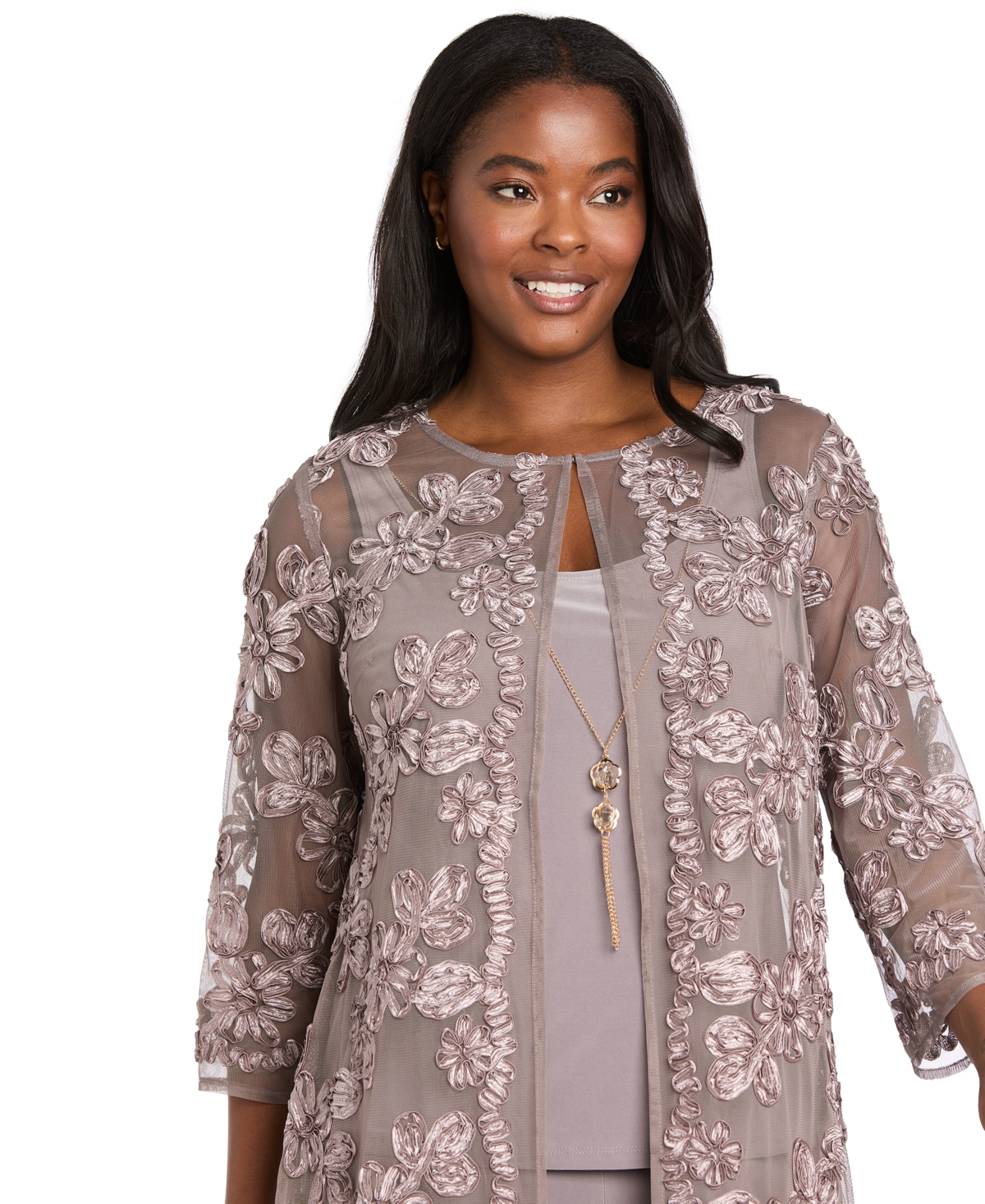 R & M Richards Women's Soutache Long Jacket, Necklace Top & Pants Set In Multi