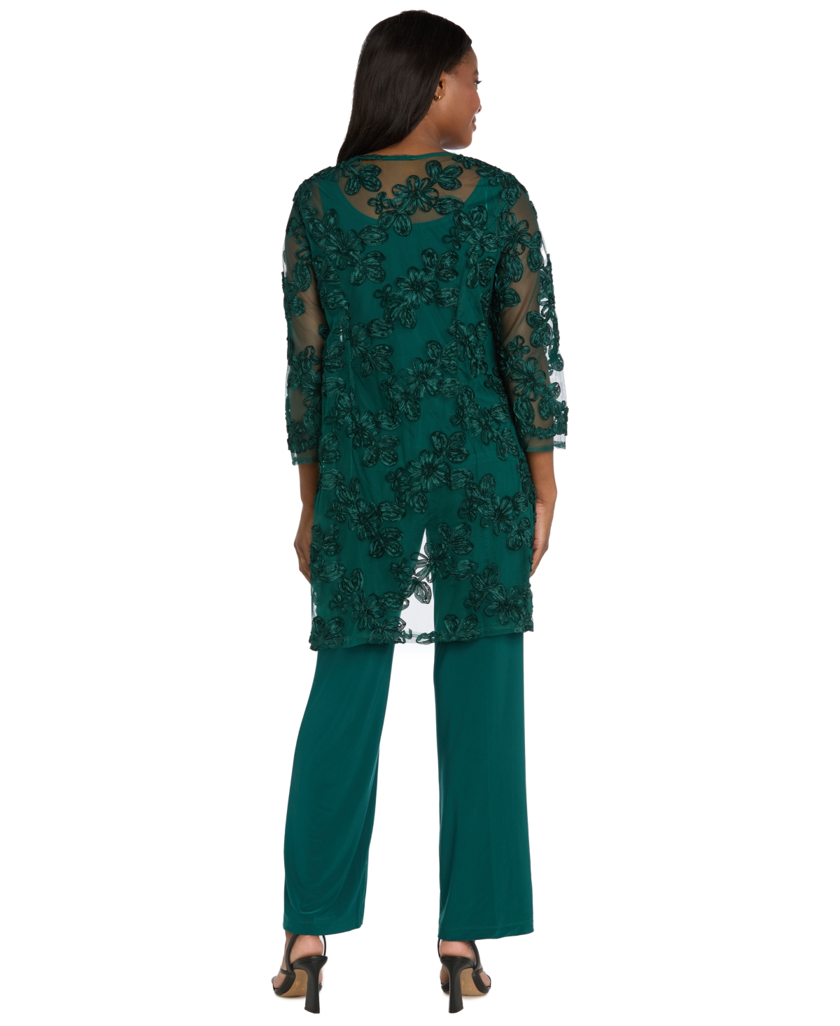R & M Richards Women's Soutache Long Jacket, Necklace Top & Pants Set In Green