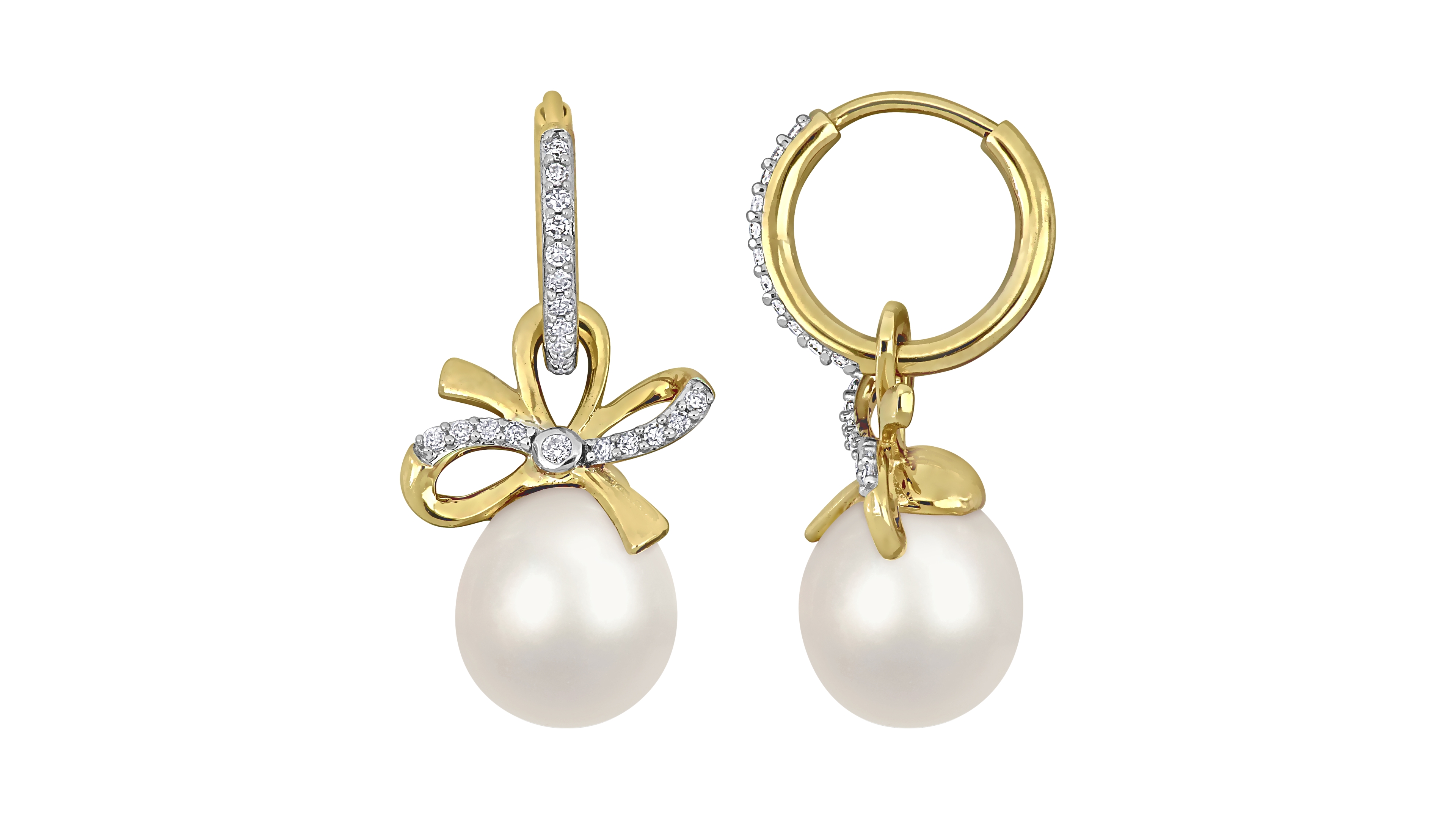 Macy's Cultured Freshwater Pearl (9-10mm) & White Sapphire Bow Drop Earrings (3/8 ct. t.w.) in 18K Gold Flash Plated Sterling Silver