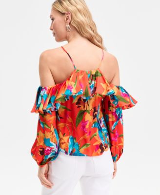 Women's Printed Ruffled Cold-Shoulder Top, Macy's Exclusive 
