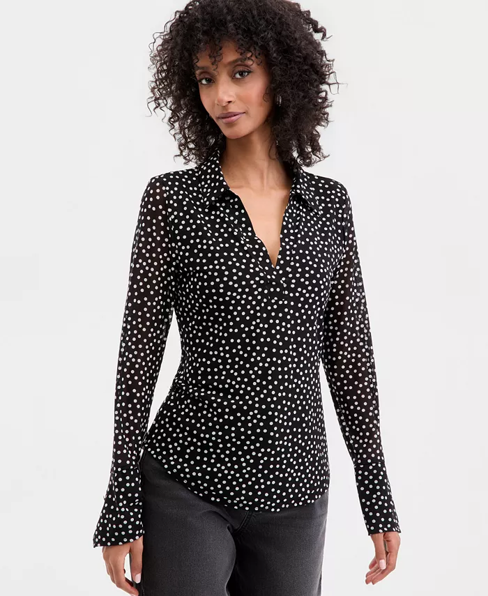 Women's Long Sleeve Printed Mesh Collared Shirt