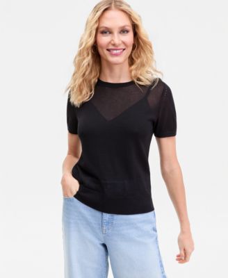 Women's Lightweight Metallic-Knit Short-Sleeve Sweater, Macy's Exclusive 