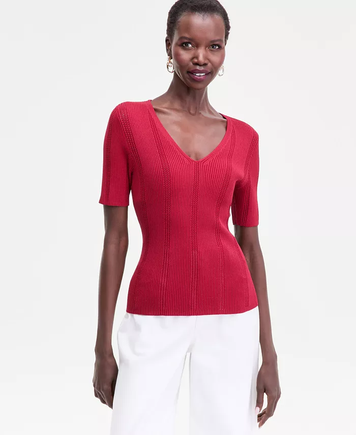 Women's Short-Sleeve V-Neck Pointelle Rib Knit Sweater