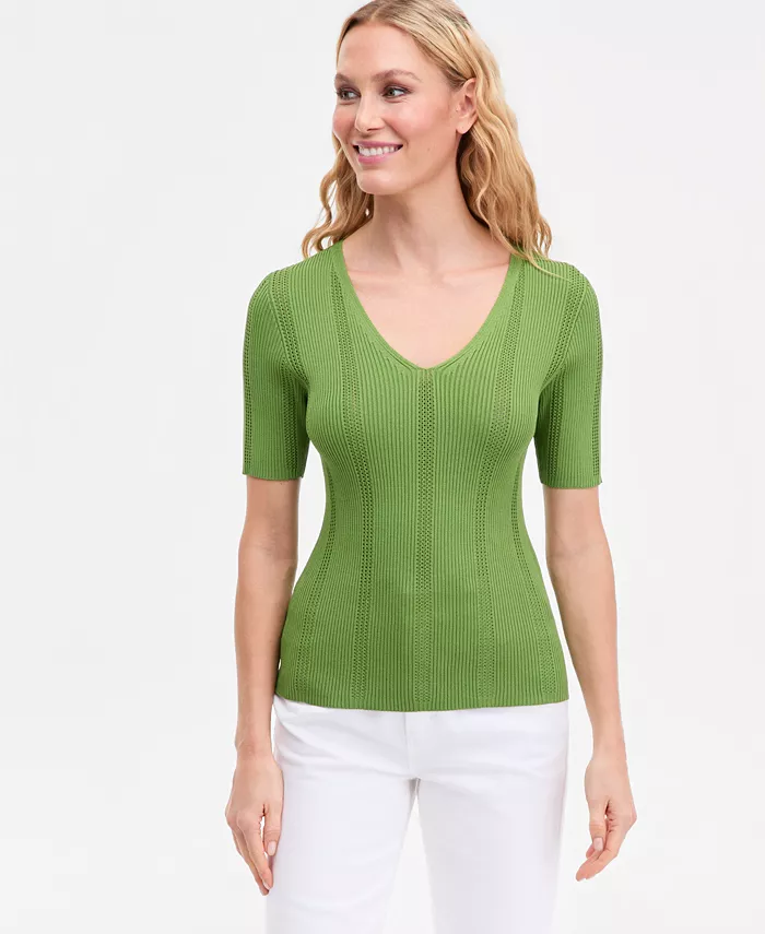 Women's Short-Sleeve V-Neck Pointelle Rib Knit Sweater - thumbnail 8