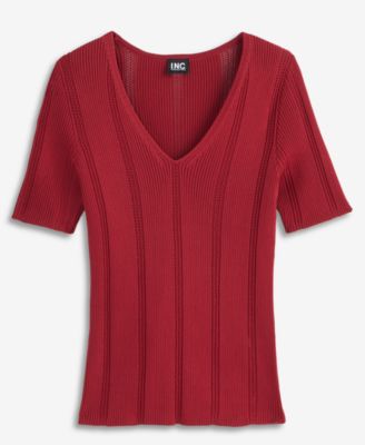 Women's V-Neck Short Sleeve Ribbed Knit Sweater, Macy's Exclusive