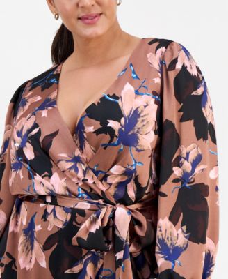 Plus Size Floral Print Faux-Wrap Midi Dress