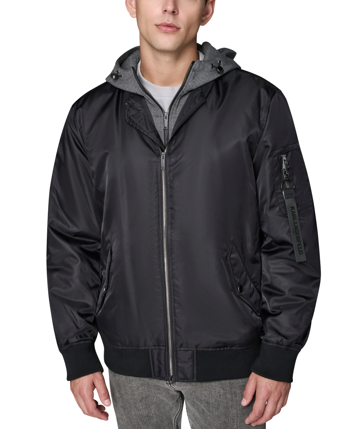 Karl Lagerfeld Paris Men's Embroidered Signature Hooded Bomber