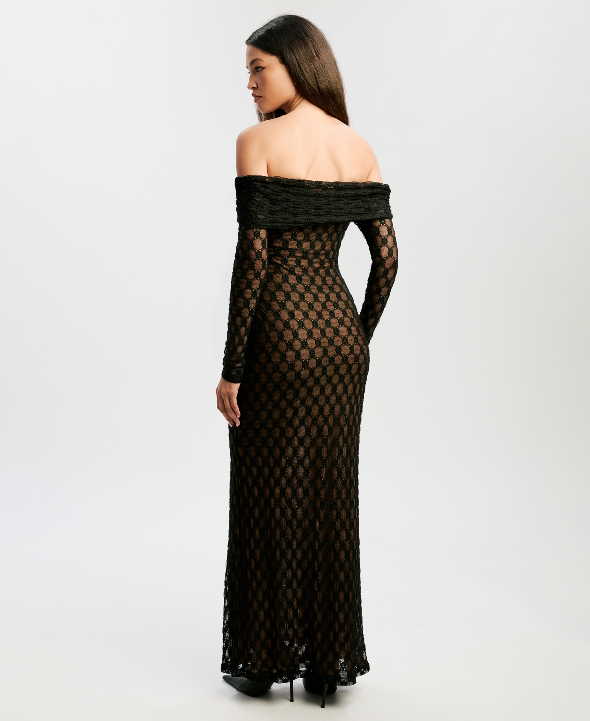 Bardot Adoni Off-the-shoulder Fitted Stretch Lace Midi Dress In Black