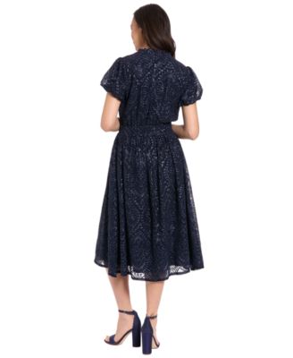 Women's Bubble Sleeve Elastic Waist Midi Dress