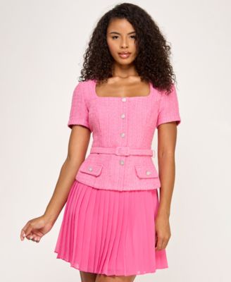 Women's Square Neck Short-Sleeve Belted Dress