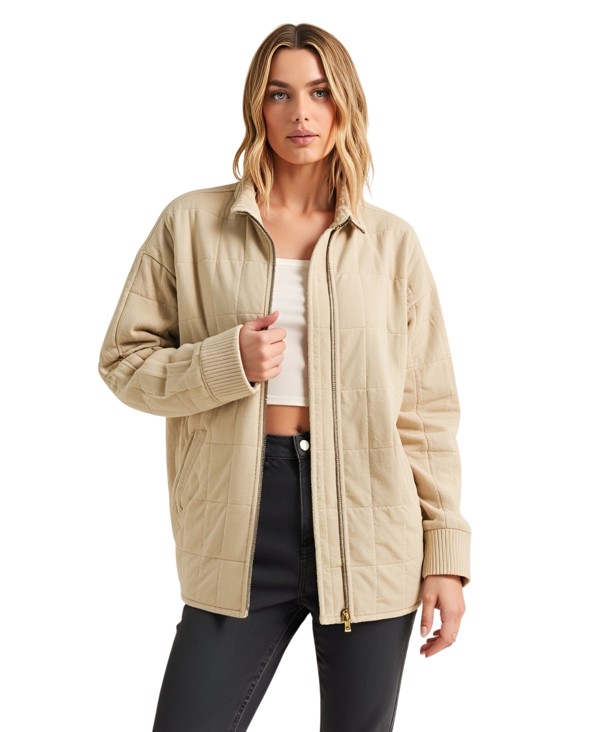 Modenaire Women's Quilted Zip Up Stand Collar Jacket