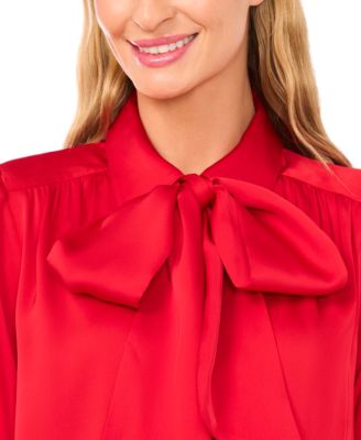Women's Long-Sleeve Button Down Shirred Collared Top with Bow