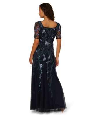 Women's Square-Neck Beaded Mesh Gown