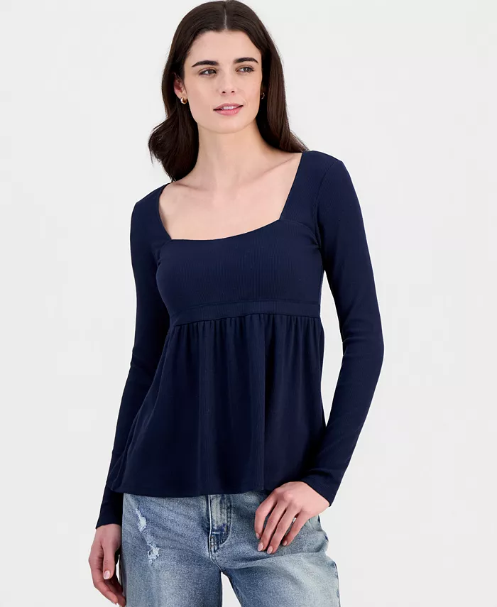 Juniors' Long Sleeve Ribbed Babydoll Top