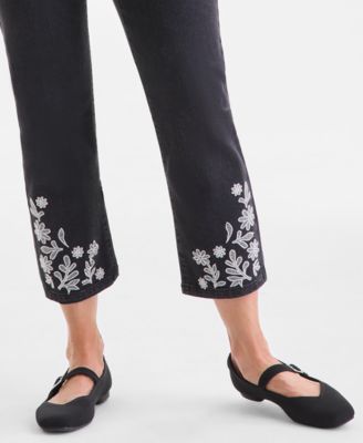 Petite Embroidered Cropped High Rise Straight Jeans, Macy's Exclusive