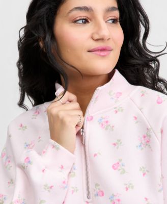 Juniors' Floral Print Quarter-Zip Sweatshirt