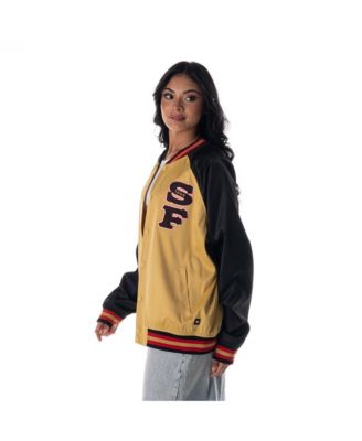 Women's Gold San Francisco 49ers Oversized Satin Raglan Full-Snap Bomber Jacket