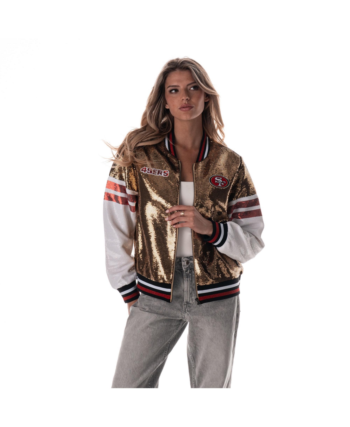 The Wild Collective Women's Gold San Francisco 49ers Sequin Bomber Jacket