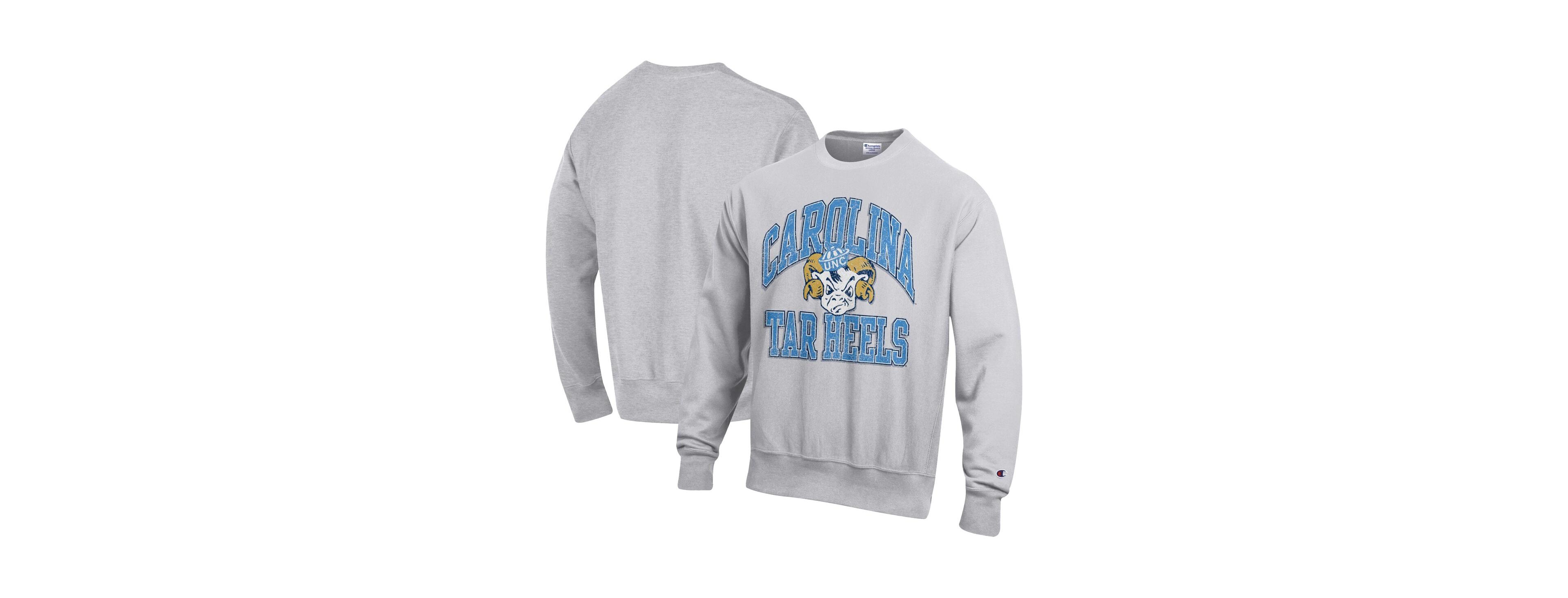 Champion Men's Gray North Carolina Tar Heels Distressed Arch Over Logo Reverse Weave Crew Neck Sweatshirt