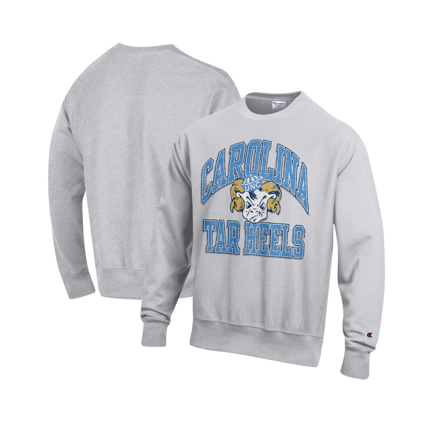 Men's Gray North Carolina Tar Heels Distressed Arch Over Logo Reverse Weave Crew Neck Sweatshirt