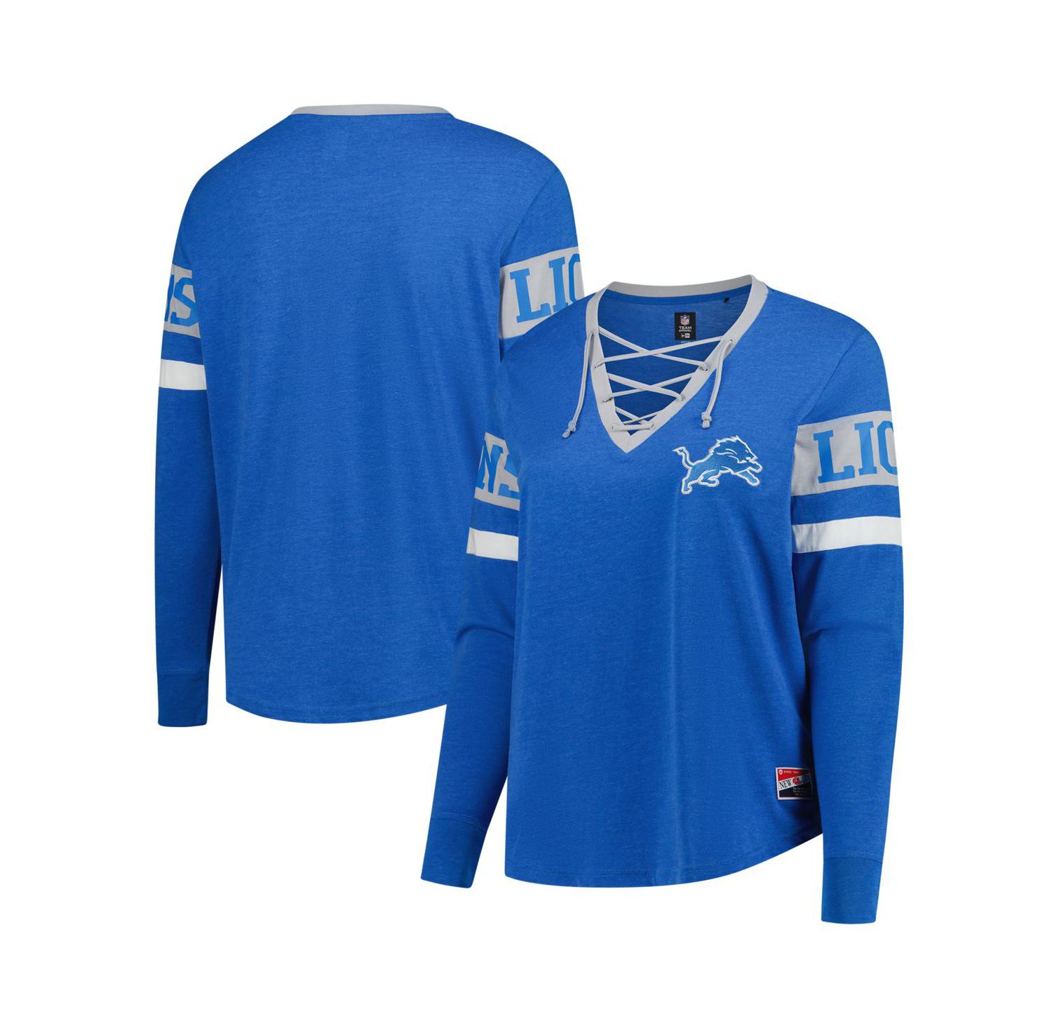 Women's Blue Detroit Lions Plus Size Throwback Lace-Up Long Sleeve T-Shirt