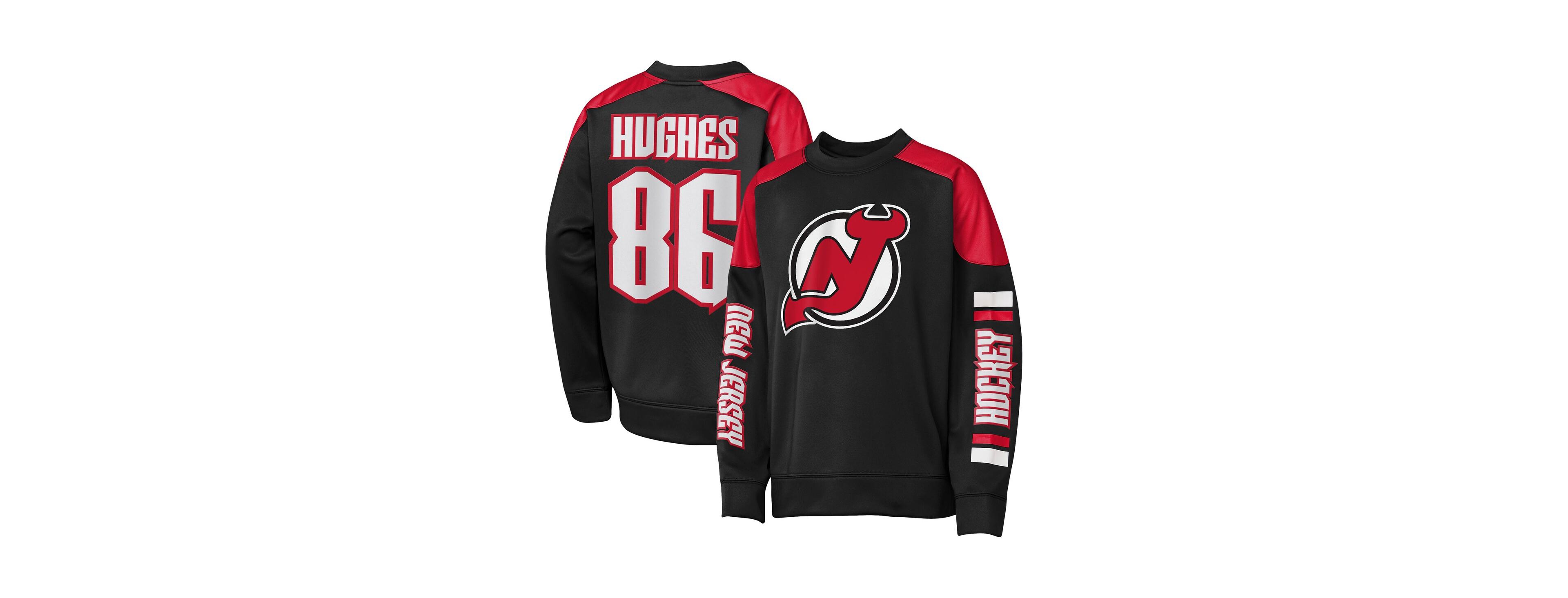 Outerstuff Big Boys and Girls Jack Hughes Black New Jersey Devils Best Defense Name Number Crewneck Sweatshirt