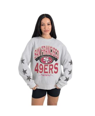 Gameday Couture - Women's Ash San Francisco 49ers Resilience Relaxed Rhinestone Pullover Sweatshirt