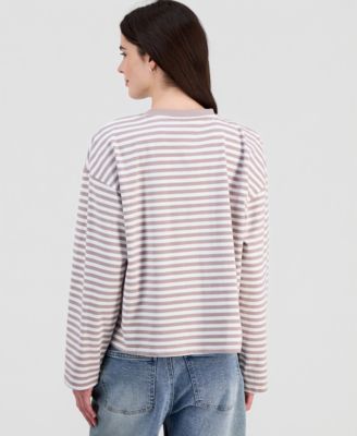 Juniors' Oversized Striped Long-Sleeve Crewneck Tee