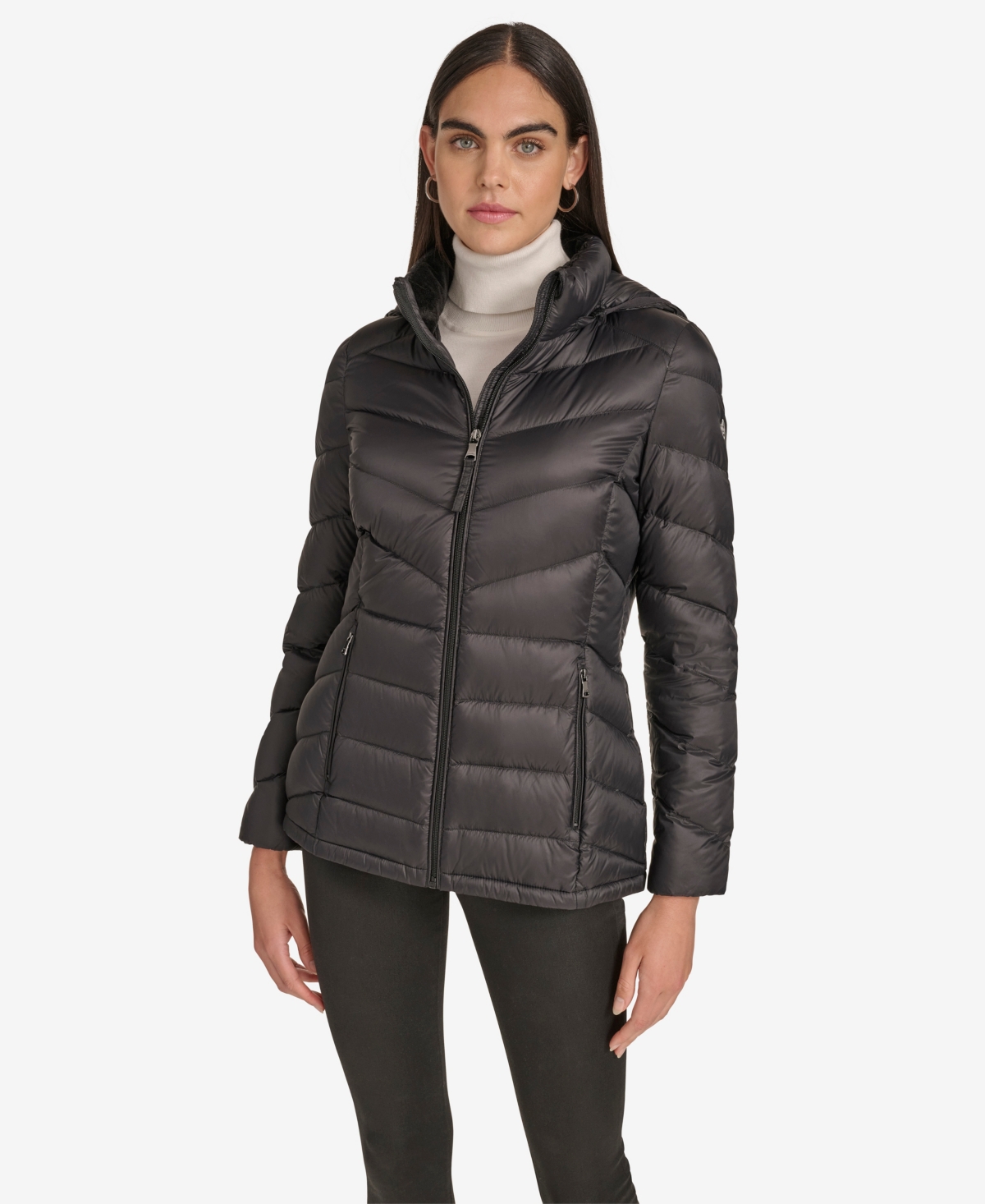 Calvin Klein Women's Short Faux Fur Collar Puffer Jacket In Brown