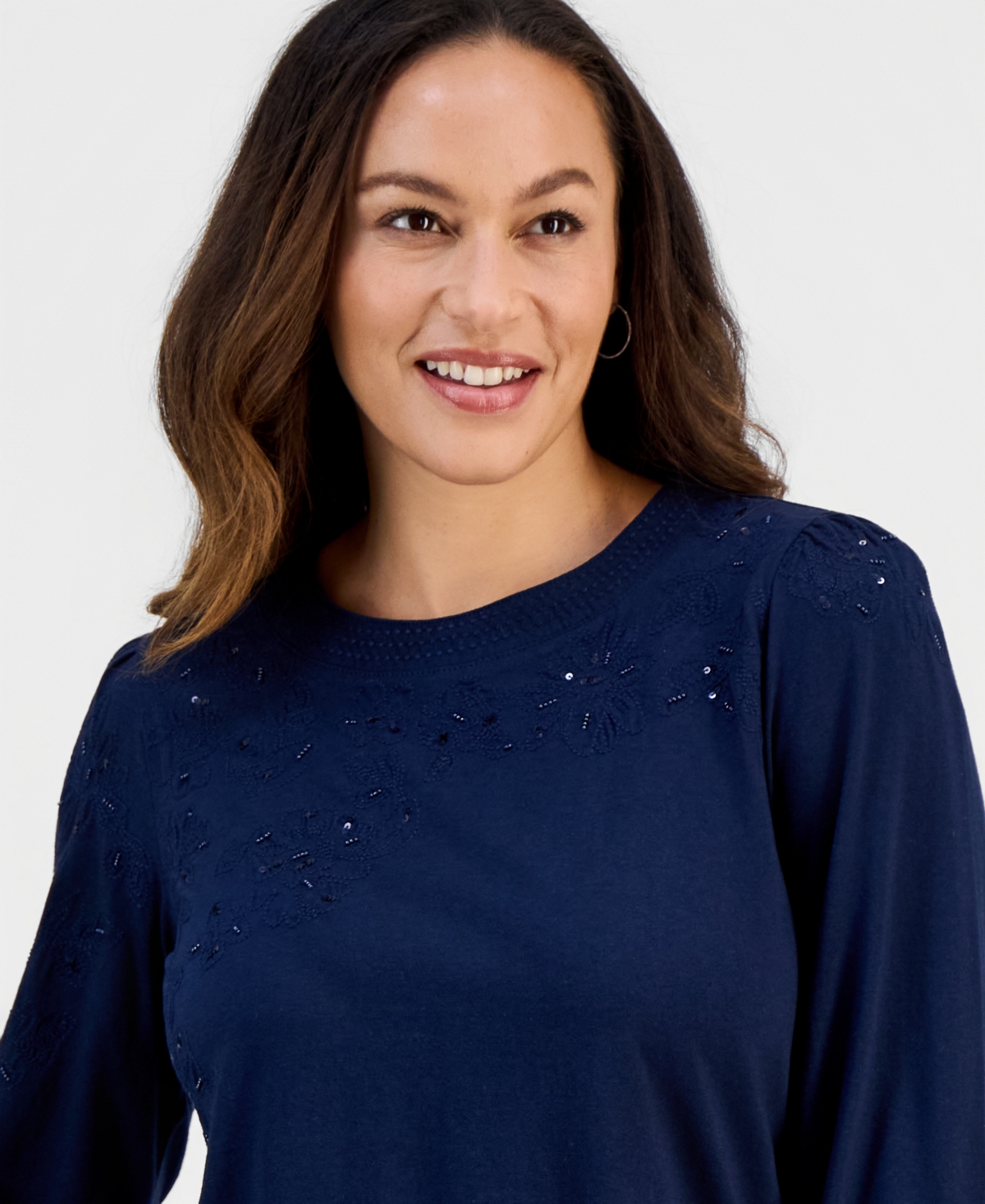 Style & Co Petite Crewneck Sequin Detail Sweatshirt, Macy's Exclusive In Blue
