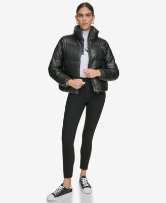 Women's Short Faux-Leather Puffer Jacket