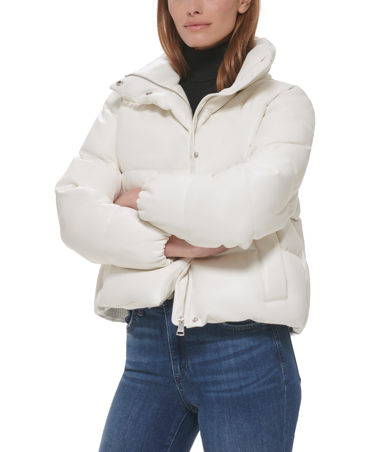 Calvin Klein Women's Short Faux-leather Puffer Jacket In Neutral
