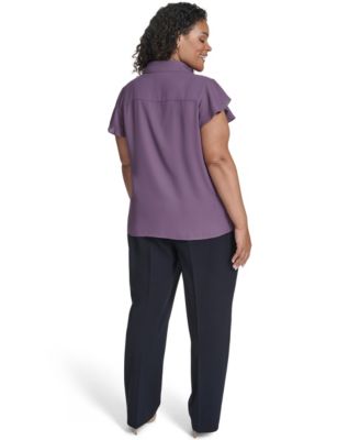 Women's Plus Size Solid Cap Sleeve Ruffle Front Top