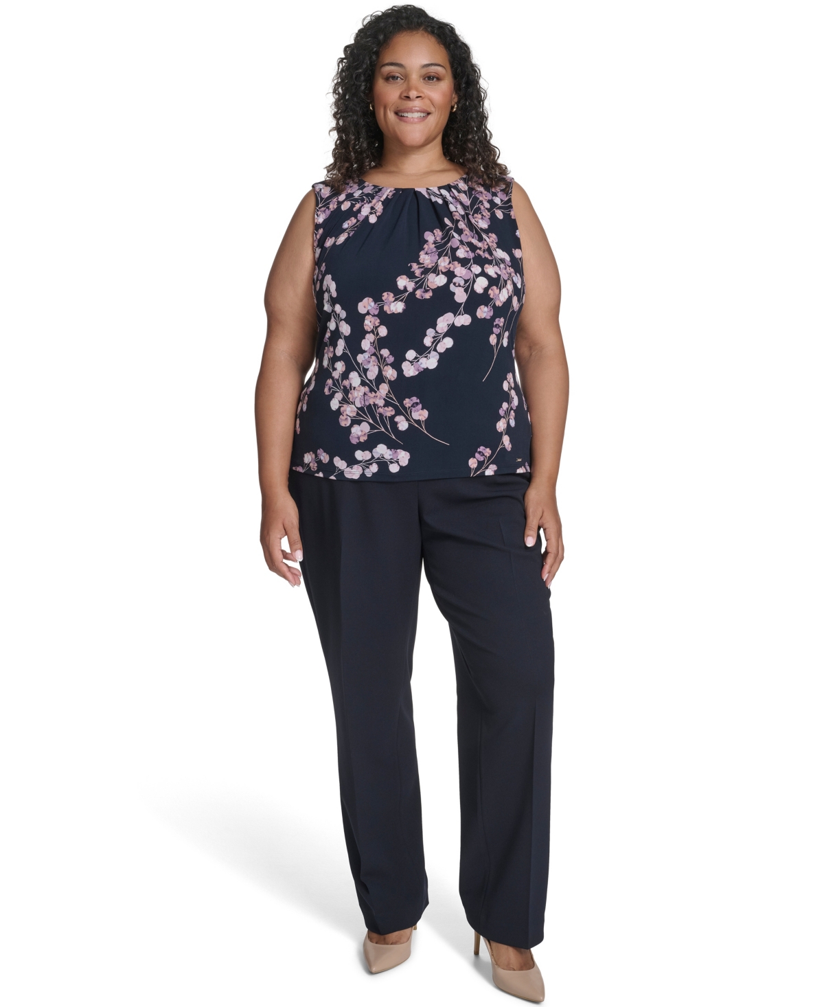 Calvin Klein Plus Size Printed Sleeveless Scoop Neck Top In Blue