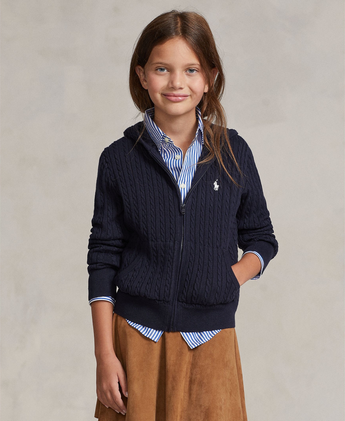 Polo Ralph Lauren Girls 7-16 Mini-Cable Full-Zip Hoodie