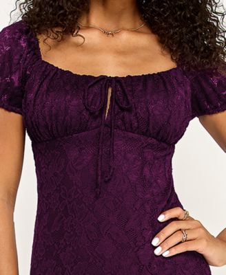 Junior's Lace Puff-Sleeve Midi with Slit