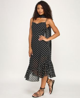 Juniors' Polka Dot Sweetheart Neck Midi Dress with Scarf
