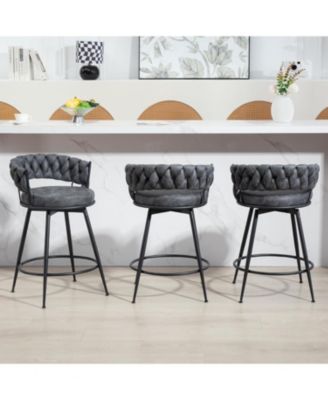 Swivel Bar Stools Set of 3, 24 Inches Modern Counter Height Bar Stools with Woven Back, Upholstered Suede Tall Barstools